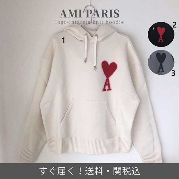 世界中で大人気AMI PARIS(アミ パリス偽物)■ロゴ ニットパーカー フディーam01112