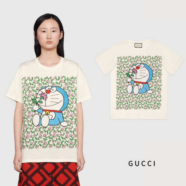 DORAEMON グッチ◆ドラえもん コラボ コットン Tシャツ お花畑柄 615044XJDIF 9095